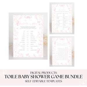 Puede incluir: Un paquete de juegos para baby shower con un diseño floral rosa. El paquete incluye tres juegos imprimibles: "Would Mommy Rather", "Baby Trivia" y "Advice for Mommy & Daddy". Se muestra el texto "Toile Baby Shower Game Bundle".