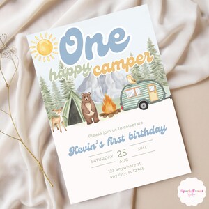 May include: A blue and yellow invitation for a first birthday party with a camping theme. The invitation features a cartoon sun, a bear, a tent, a campfire, a camper van, and a deer. The text on the invitation reads "One happy camper" and "Kevin's first birthday". The date and time of the party are listed as "Saturday, August 25th, 3PM".