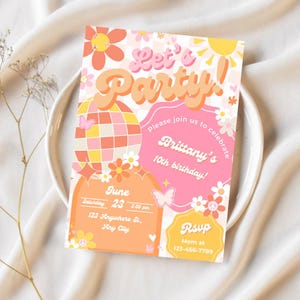 Groovy Birthday Party Invitation Let&#39;s Party Invite Boho Retro Groovy Hippie Birthday Daisy Groovy  Second Birthday Editable Invite BP542