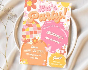 Groovy Birthday Party Invitation Let's Party Invite Boho Retro Groovy Hippie Birthday Daisy Groovy  Second Birthday Editable Invite BP542