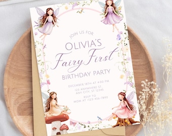 Fairy First Birthday Invitation Enchanted Garden Sage 1st Birthday Invite Whimsical Fairy Party Girl Birthday Template Editable Download F5