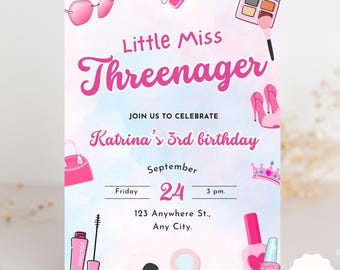 Threenager Birthday Invitation Fashion and Makeup Theme for Girls Spa Birthday Digital Invite Printable 3rd Birthday Party Editable