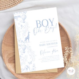 Editable Toile de Jouy Invitation Dusty Blue Safari Baby Shower Invitation Floral Baby Shower Invite Custom Baby Shower Invitation Template