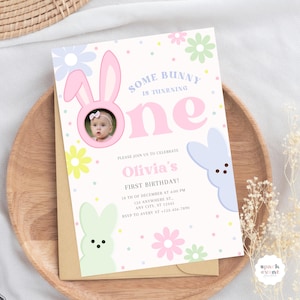 Editable Some Bunny 1st Birthday Invitation Spring Bunny Party Photo Birthday Invitation Instant Download Cute Bunny Birthday Template