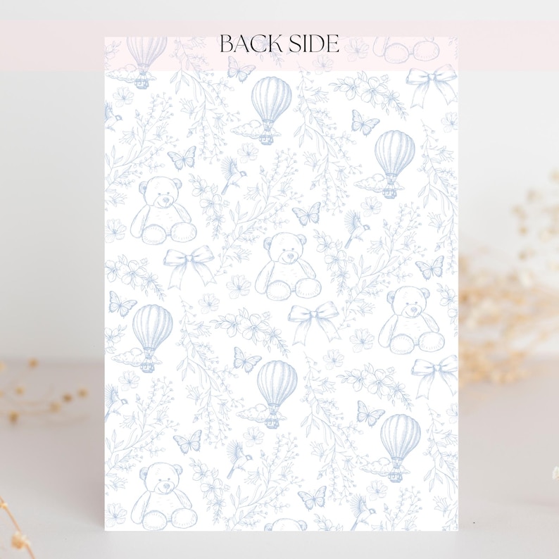 Toile de jouy babyshower uitnodiging stoffige blauwe teddybeer thema bloemen babyshower uitnodiging voor jongen bewerkbare babyshower uitnodiging afbeelding 5