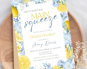 Invitación para despedida de soltera She Found Her Main Squeeze Invitación para despedida de soltera con limón azul Invitación para despedida de soltera con flores cítricas Tema de limón mediterráneo