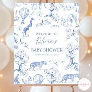 Blaues Safari-Babyparty-Willkommensschild Toile de Jouy-Babyparty-Poster bearbeitbares Dschungel-Thema Junge-Babyparty-Dekor druckbares Blumenzeichen