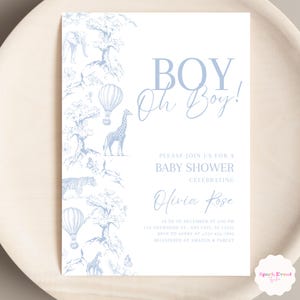 Convite para chá de bebê em estilo Toile de Jouy, estilo Safari, com estampa floral azul-poeira, para meninos, editável