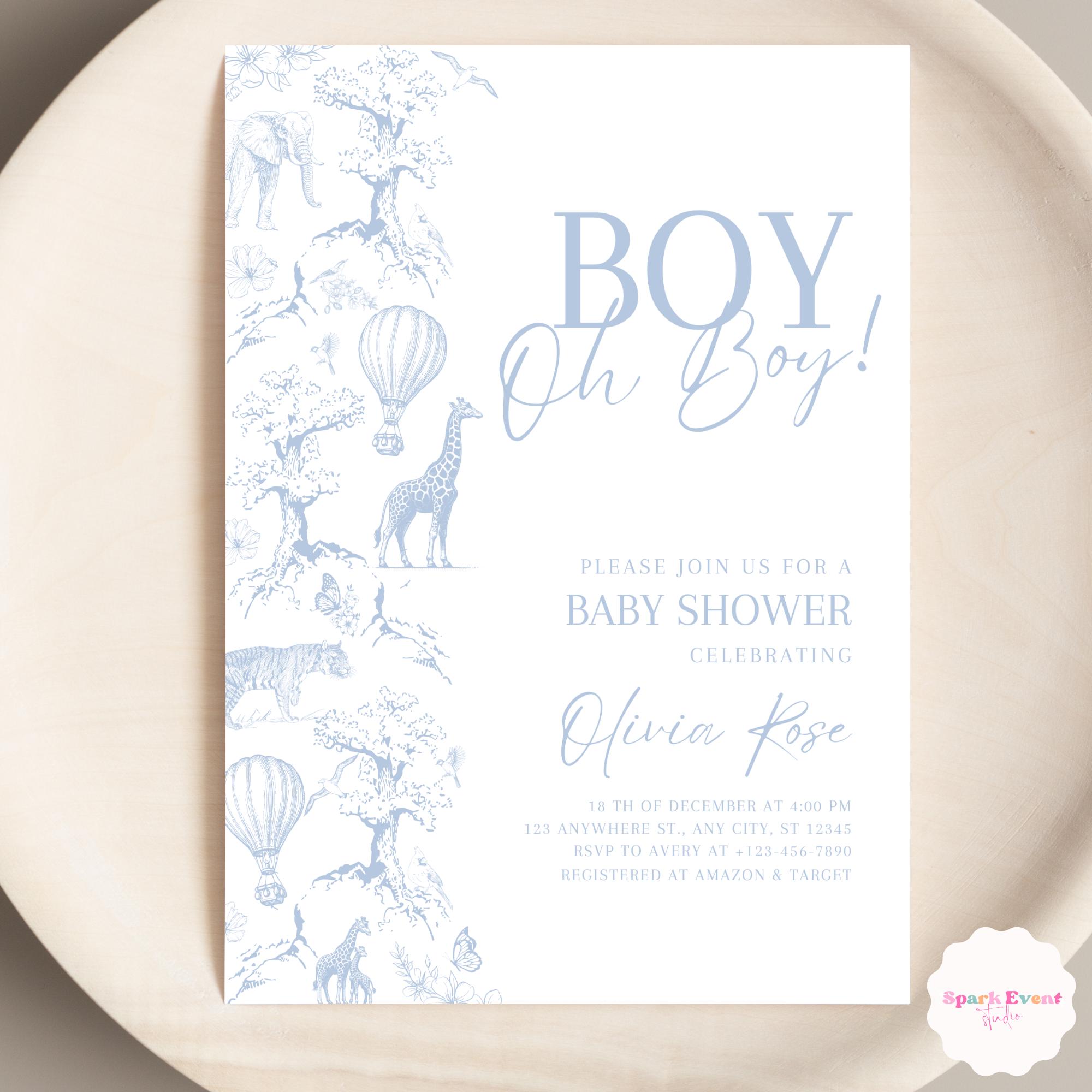 French Toile de Jouy Baby Shower Invitation Safari Baby Shower Dusty Blue Floral Baby Shower Invite for Boy Editable Baby Shower Invitation