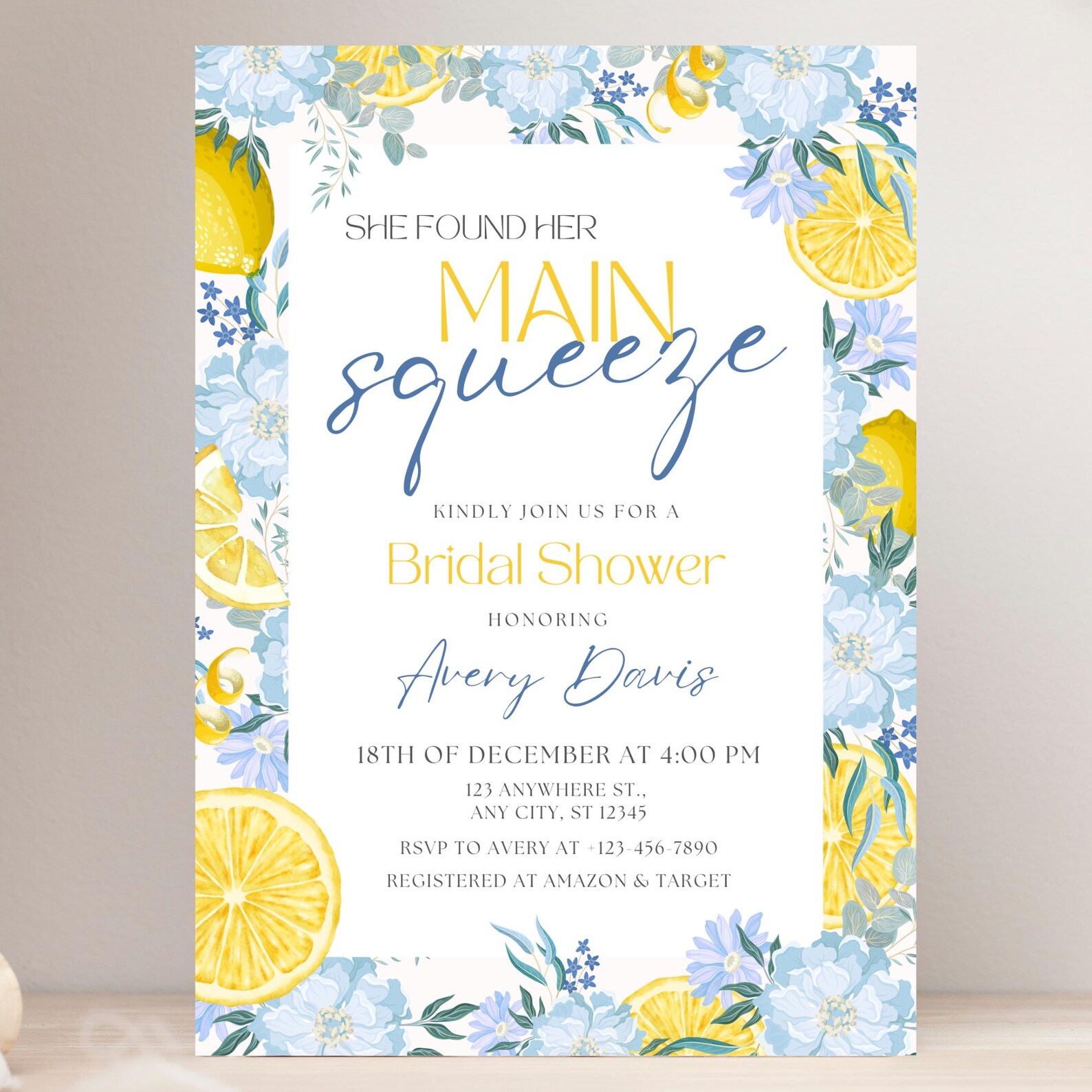 She Found Her Main Squeeze Bridal Shower Invitation Blue Lemon Bridal ...