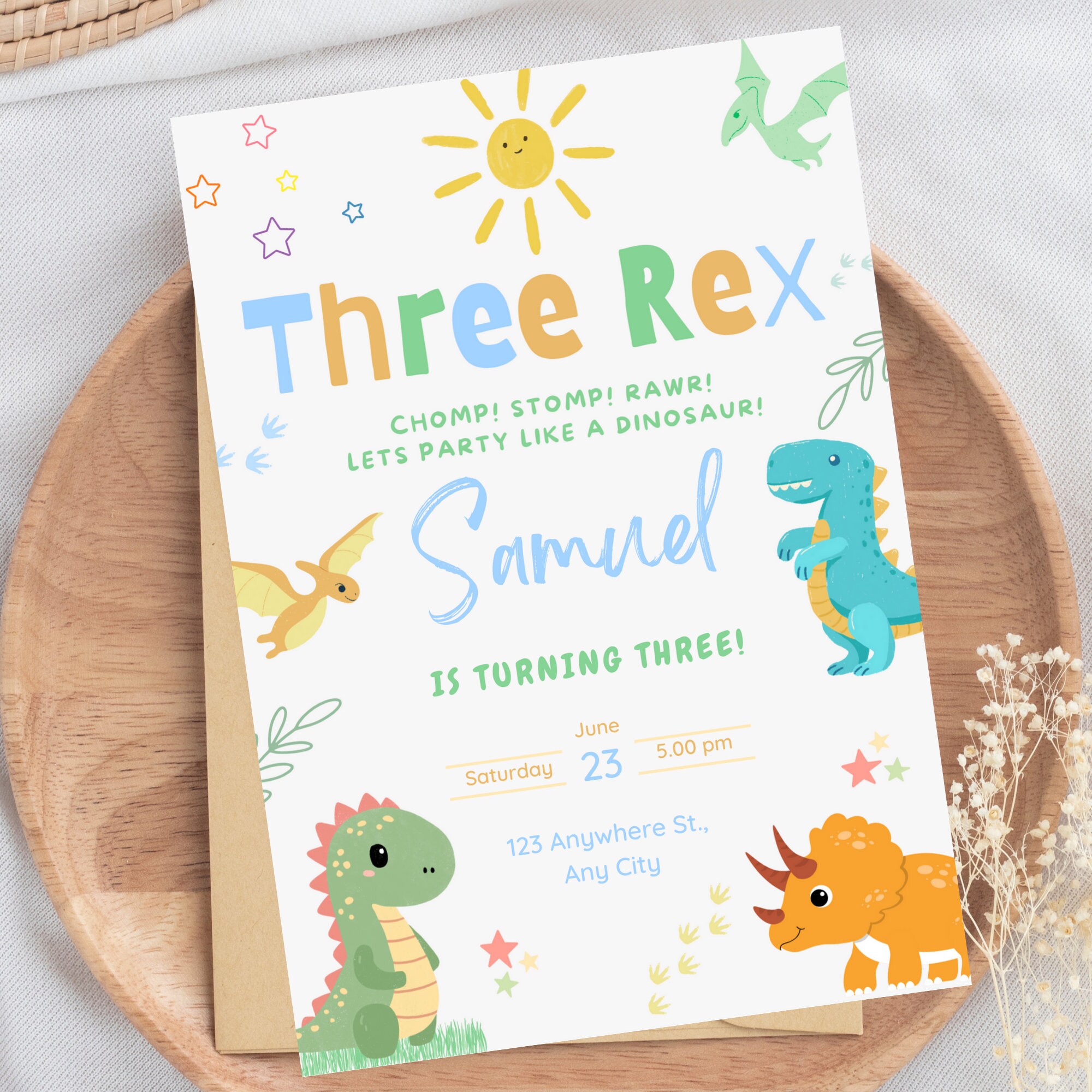 Dinosaur Birthday Party Invitation Dinosaur Three Rex Third Birthday ...