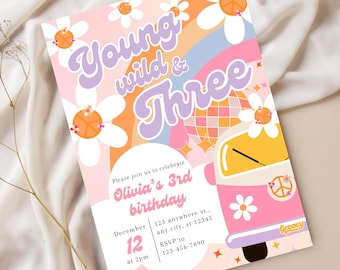 May include: A colorful invitation with the text "Young Wild & Three" in a groovy font. The design includes a rainbow, daisies, and a pink van. The invitation is for Olivia's 3rd birthday, scheduled for December 12th at 2 pm.