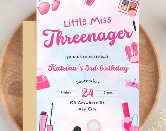 Threenager Birthday Invitation Fashion Makeup Girl Invite Spa Birthday Digital Invite Printable Template Instant Download Editable