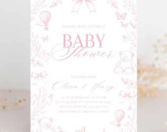 Pink French Toile Baby Shower Invitation Blush Chinoiserie Floral Baby Girl Invite Victorian French Printable Baby Shower Card
