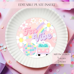 May include: Editable 5 and 7 inch round plate insert with a pink, white and blue design. The design features a rainbow, a peace sign, a disco ball, a van and the text "70s Vibe".