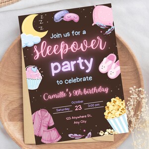 Slumber Neon Birthday Party Pajama Party Invitation Sleepover Birthday Invite Pink and Purple Girl Spa Teen Birthday Party Instant Download