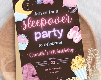 Slumber Neon Birthday Party Pajama Party Invitation Sleepover Birthday Invite Pink and Purple Girl Spa Teen Birthday Party Instant Download