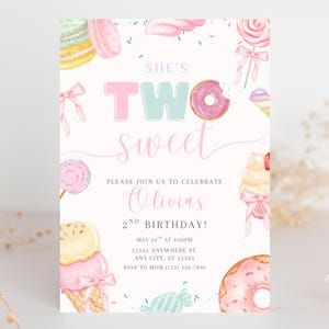 May include: A pastel-colored birthday invitation with the text "She's Two Sweet." The design includes watercolor illustrations of donuts, ice cream, lollipops, and macarons. The invitation is for Olivia's 2nd birthday.
