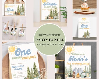 ONE Happy Camper Bundle First Birthday Invite Camping Birthday Forest Themed Woodland Animal Birthday Invitation Package Digital Download
