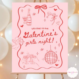 Galentine's Day Willkommensschild, Girls Night Party Schild, rosa rotes Doodle-Design, druckbares Valentinstagdekor 16x20 18x24 24x36 Zoll