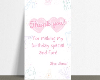 Threenager Birthday Thank You Card Fashion Makeup Girl Spa Birthday Digital Thank You Tag Printable Template Instant Download Editable BP547