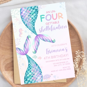 Editable Mermaid Birthday Invitation Mermaid Party Under the Sea Birthday Un-four-gettable Shellebration Fourth Birthday Party M9