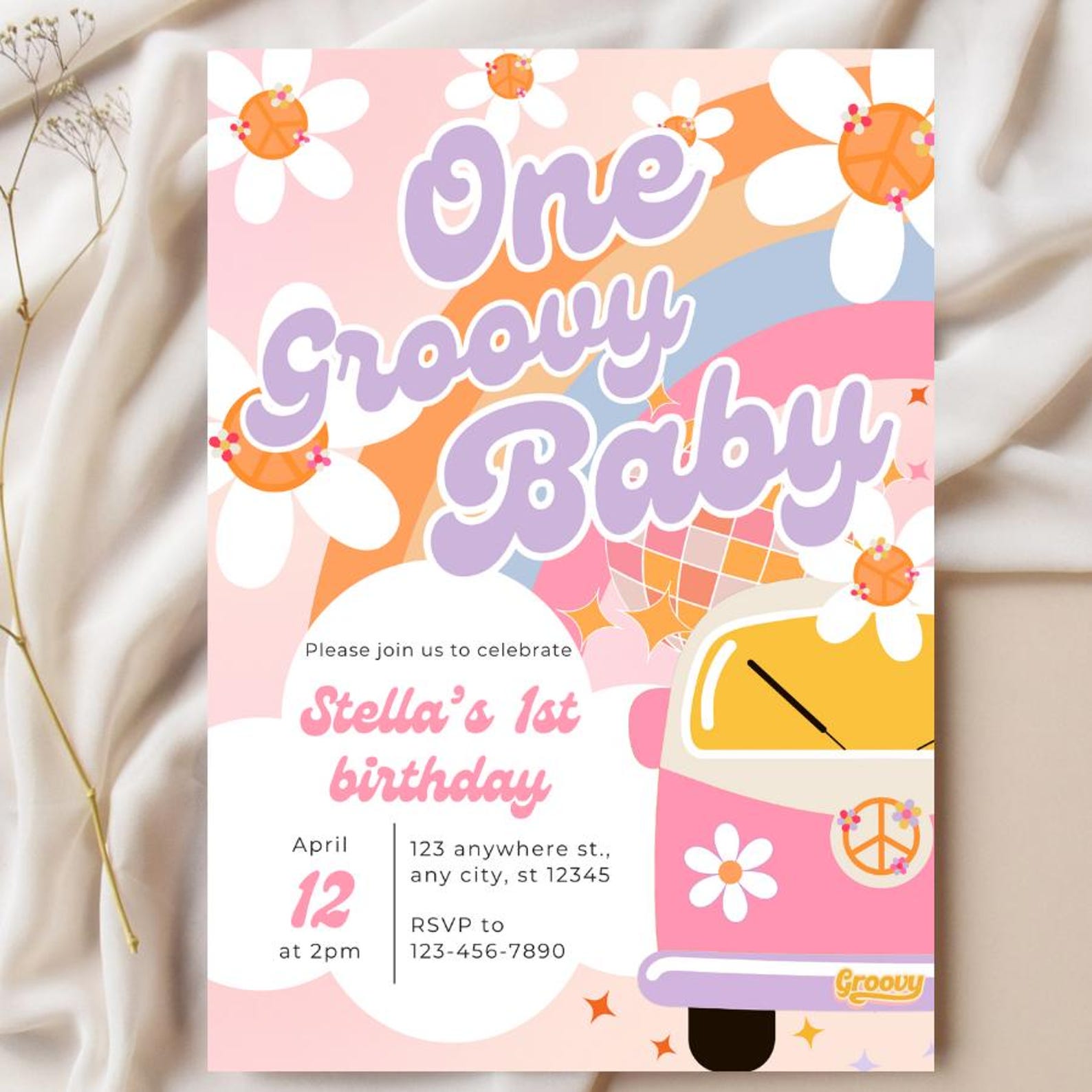 One Groovy Baby Birthday Party Invitation Boho Retro Groovy Hippie ...