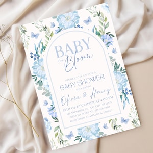 Invito per baby shower "Blue Baby in Bloom", modificabile, con farfalle, modello floreale per neonato, download immediato, file digitale