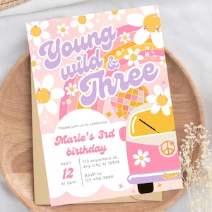 Groovy Geburtstagsparty-Einladung Boho Retro Groovy Hippie Geburtstag Daisy Hippie Jung Wild & Drei bearbeitbare Einladen Sofort Download BP542