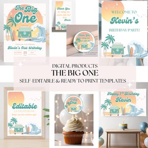 The Big One Birthday Bundle Blue Surf Theme Retro Surfboard Party Decor Editable 1st Birthday Package Instant Download for Boys