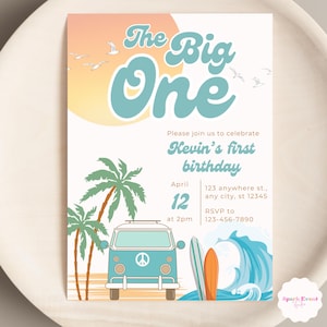 The Big One Birthday Invitation Surfing Party for 1st Birthday Retro Beach Theme Boys and Girls Editable Surf Van Invite Instant Download