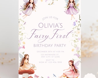 Fairy First Birthday Invitation Enchanted Garden 1st Birthday Invite Whimsical Fairy Party Girl Birthday Template Editable Download F2