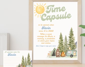 May include: A printable time capsule for a child to be opened when they turn 18. The design features a whimsical watercolor illustration of a campfire, trees, and a camper van. The text reads "Time Capsule" and "to be opened when Kevin turns 18 in 20XX".