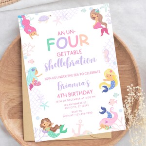 Mermaid Birthday Party Invitation Mermaid Party Under the Sea Birthday Un-four-gettable Shellebration Fourth Birthday Party Editable M26
