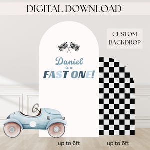 Fast One Race Car Tło Urodzinowe Vintage Niebieski Samochód Wyścigowy Dekoracja Kratownica Łuk Tło Zestaw Cyfrowe Pobieranie na Temat Imprezy Wyścigowej