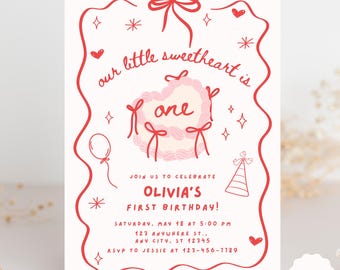 Editable Little Sweetheart Invitation First Birthday Invite Valentine Birthday Girl Birthday Party Doodle Design Invite Valentine Coquette