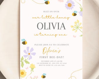 Bee Birthday Invitation Sweet to Bee One Little Honey First Birthday Invite Bumble Bee Theme 1st Birthday Editable Template Instant Download