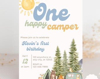 ONE Happy Camper Invitation First Birthday Invite Camping Birthday Forest Themed Woodland Animal Birthday Invitation Digital Download