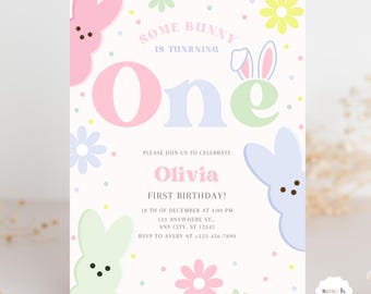 Pastel Peeps Bunny Geburtstagseinladung Bearbeitbar Einige Kaninchen 1. Geburtstag Thema Frühlingsfeier Sofortiger Download Süßer Ostergeburtstag Vorlage