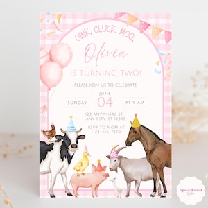 Editable Pink Farm Birthday Invitation Girl Farm Animals Party Pink Barnyard Birthday Printable Farm Theme Invitation Download FA4