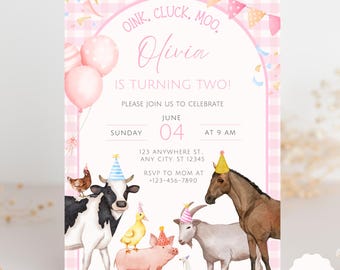Editable Pink Farm Birthday Invitation Girl Farm Animals Party Pink Barnyard Birthday Printable Farm Theme Invitation Download FA4