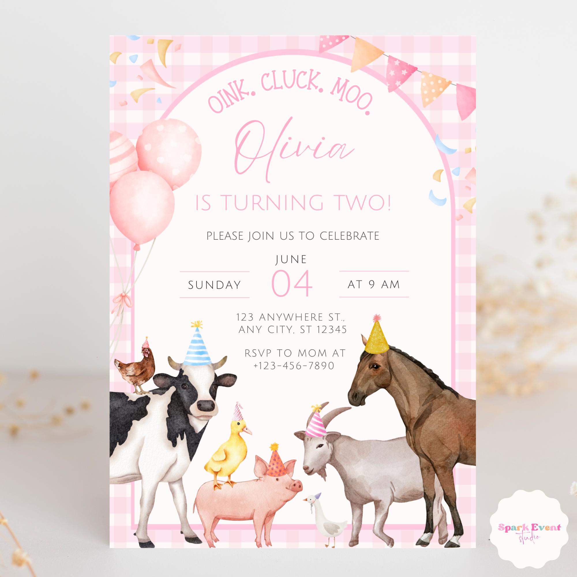 Editable Pink Farm Birthday Invitation Girl Farm Animals Party Pink ...