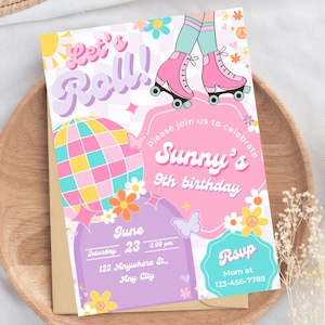 Let&#39;s Roll Groovy Birthday Invitation Retro Invite Roller Skate Birthday Roller Skating Party Invite Editable Instant Download ANY AGE