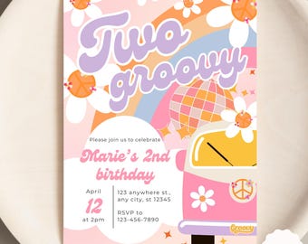 Groovy Birthday Invitation Two Groovy Invite Boho Retro 70s Theme Colorful Hippie Decor 2nd Birthday Celebration Second Birthday Editable