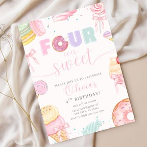 Vier süße Geburtstagseinladung Mädchen 4. Geburtstag Candy Theme Laden Sweet Shop Donut Eiscreme Party ein Bearbeitbare Canva Vorlage