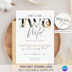 Editable TWO Wild TWIN Birthday Invitation Safari Birthday Invite Second Birthday Digital Invite Printable Template Instant Download BP529