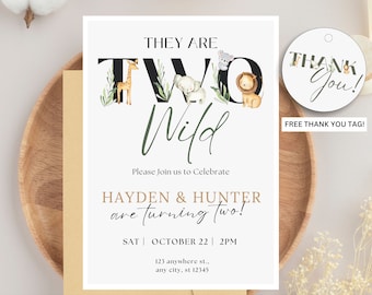 Bearbeitbare TWO Wild TWIN Geburtstagseinladung Safari Geburtstag Invite Zweiter Geburtstag Digital Invite Printable Vorlage Sofortiger Download BP529