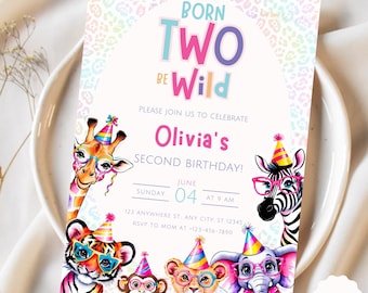 Editable Born Two Be Wild Birthday Invitation Safari Animals Second Birthday Cheetah Leopard Print Jungle Theme Download PA3
