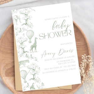 Convite para chá de bebê Toile de Jouy Chá de bebê verde sálvia Convite para chá de bebê Safari Chá de bebê floral Chá de bebê menino Oh Boy Chá de bebê editável