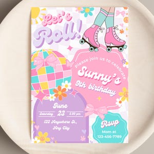 Let’s Roll Groovy Roller Skate Birthday Invitation Retro Skating Party Invite Editable Template Instant Download Any Age Girl Roller Rink